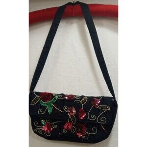 VTG Linea Pelle Black Beaded Sequin Floral Chiffon Evening Cocktail Purse Bag